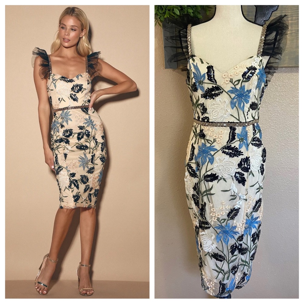 Lulu's Beige Sheer Floral Embroidered Mini Dress with Blue & Black Accents